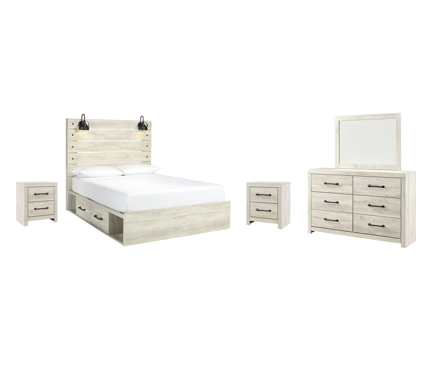 Cambeck Panel Bed With 2 Storage Drawers With Mirrored Dresser And 2 Nightstands