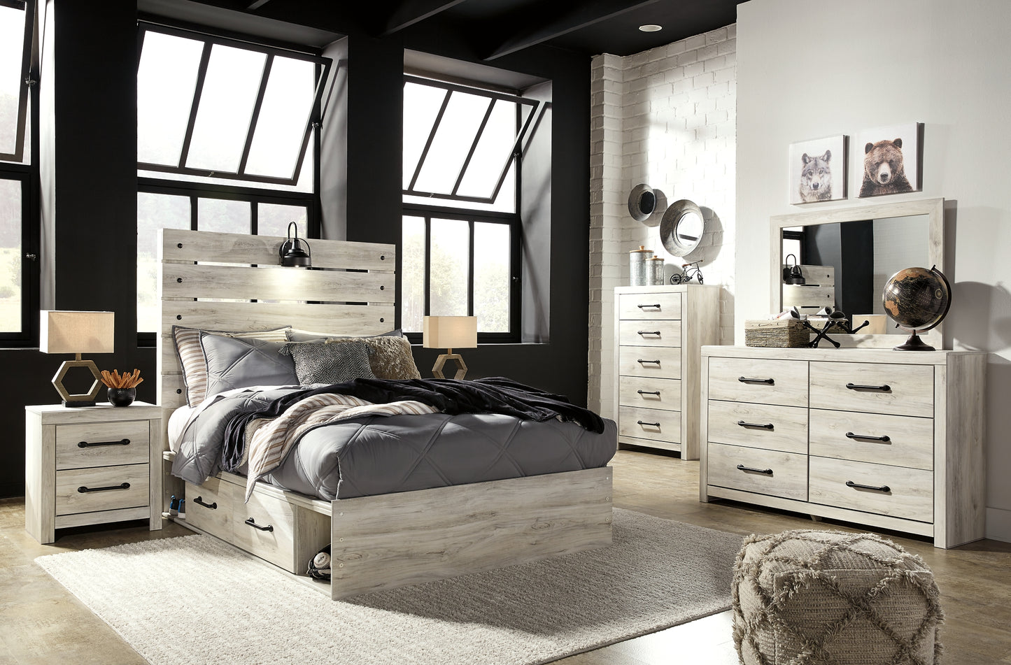 Cambeck Panel Bed With 2 Storage Drawers With Mirrored Dresser, Chest And Nightstand