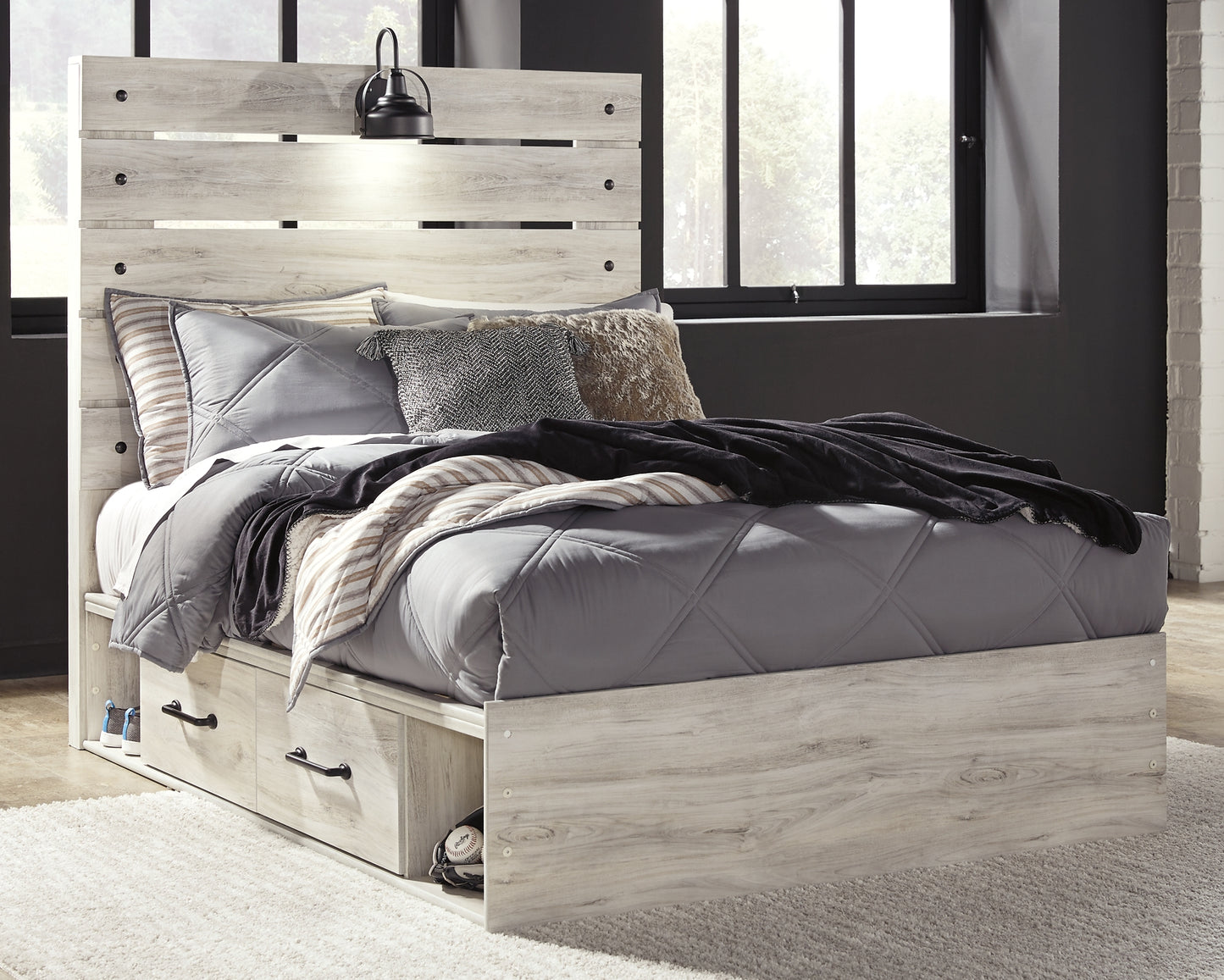Cambeck Panel Bed With 2 Storage Drawers With Mirrored Dresser And 2 Nightstands