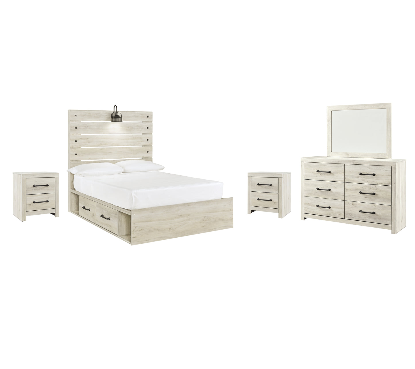 Cambeck Panel Bed With 2 Storage Drawers With Mirrored Dresser And 2 Nightstands