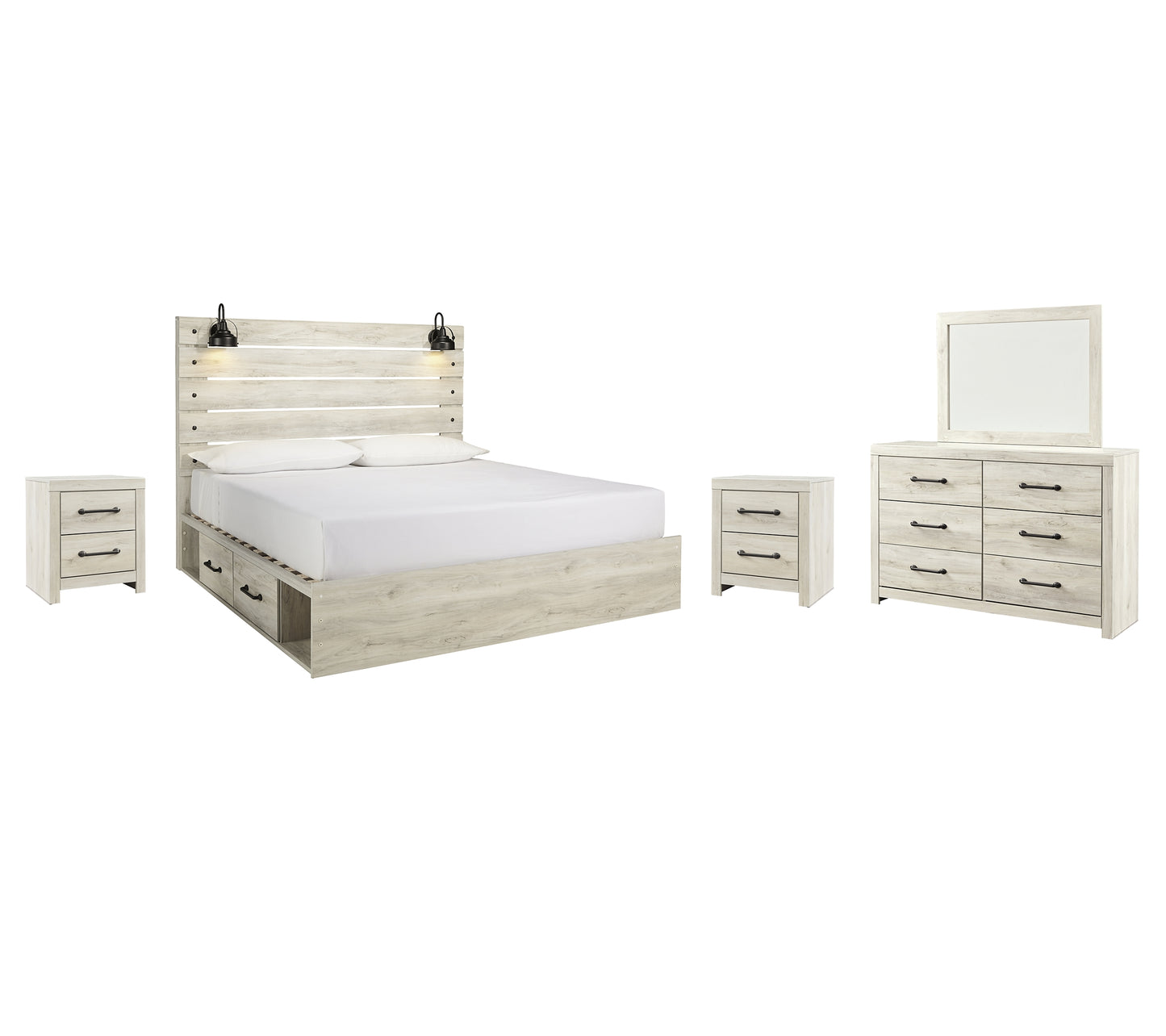 Cambeck Panel Bed With 2 Storage Drawers With Mirrored Dresser And 2 Nightstands