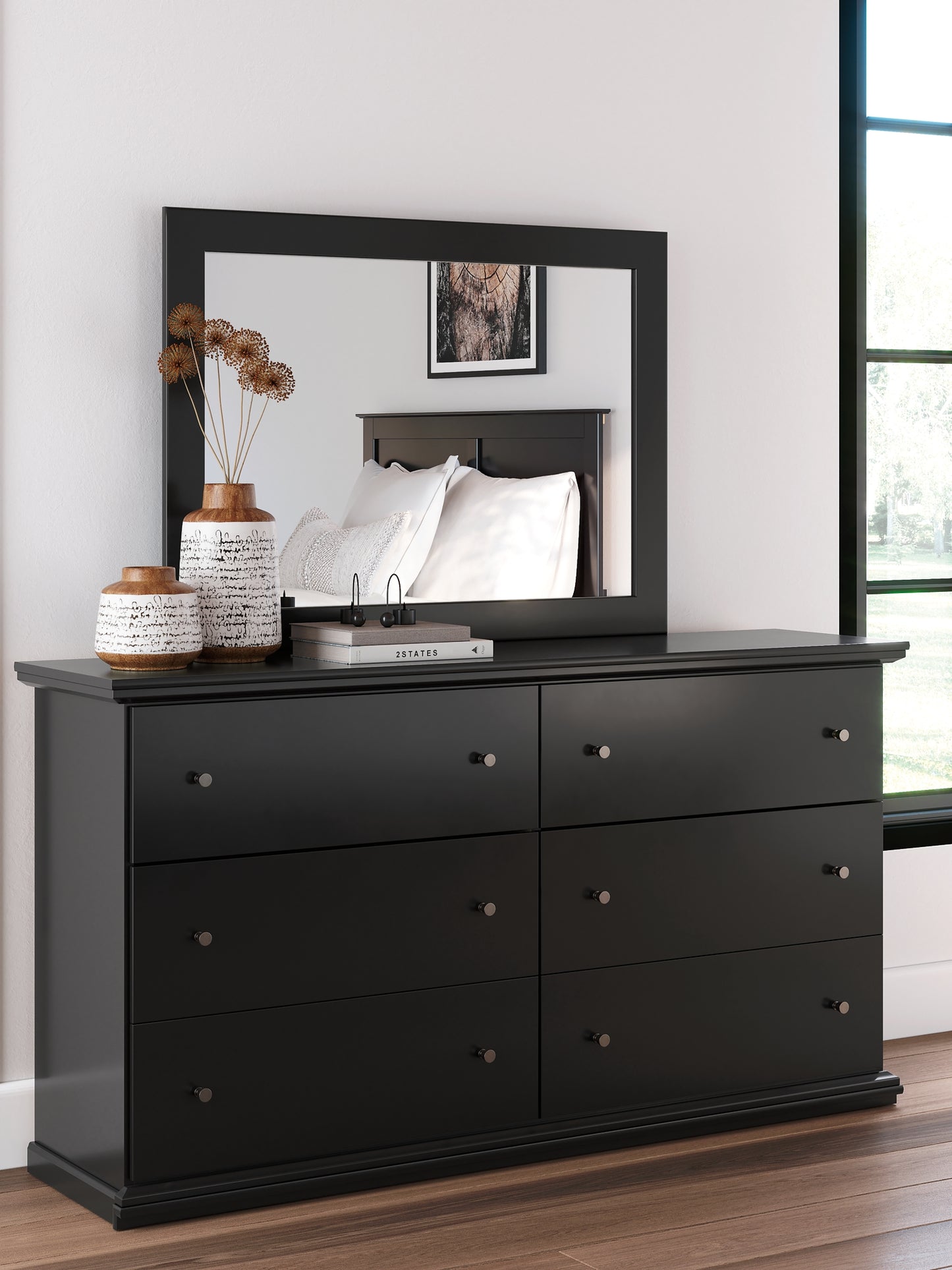 Twin Panel Bed with Mirrored Dresser
