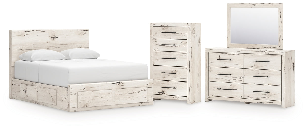 Queen Panel Storage Bed with Mirrored Dresser and Chest