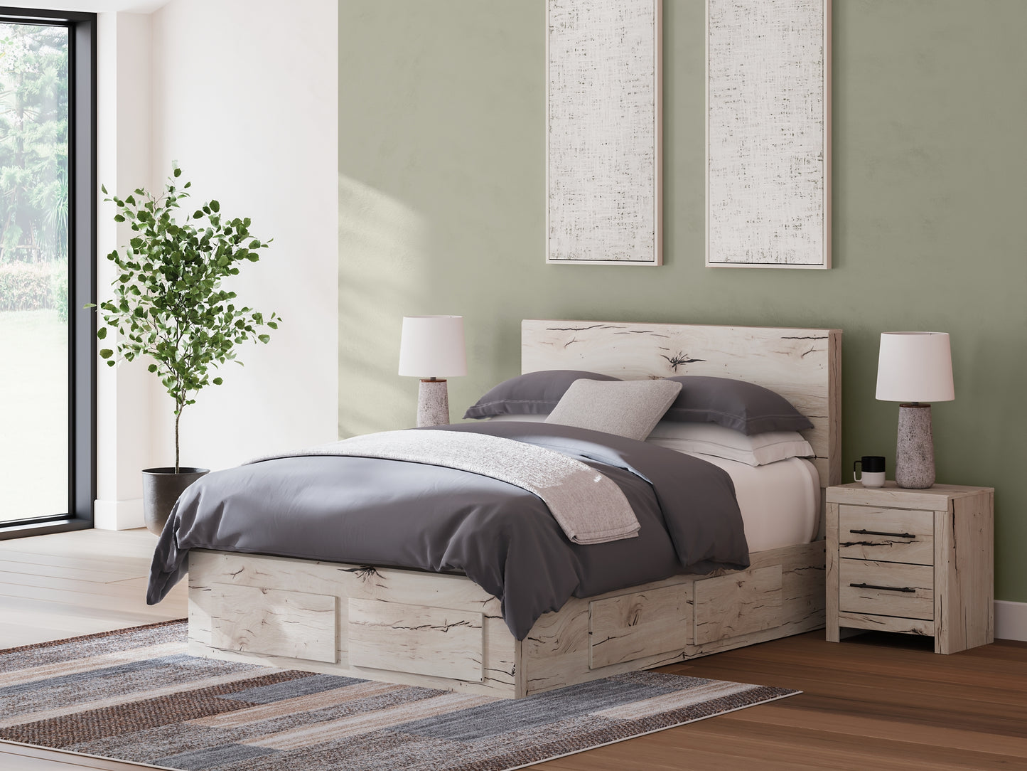 Queen Panel Storage Bed with Mirrored Dresser and Chest