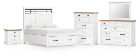 Ashbryn King Panel Storage Bed, Dresser, Mirror, Chest and Nightstand
