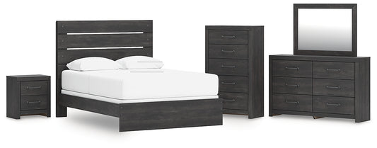 Hollivern Queen Panel Bed with Mirrored Dresser, Chest and Nightstand