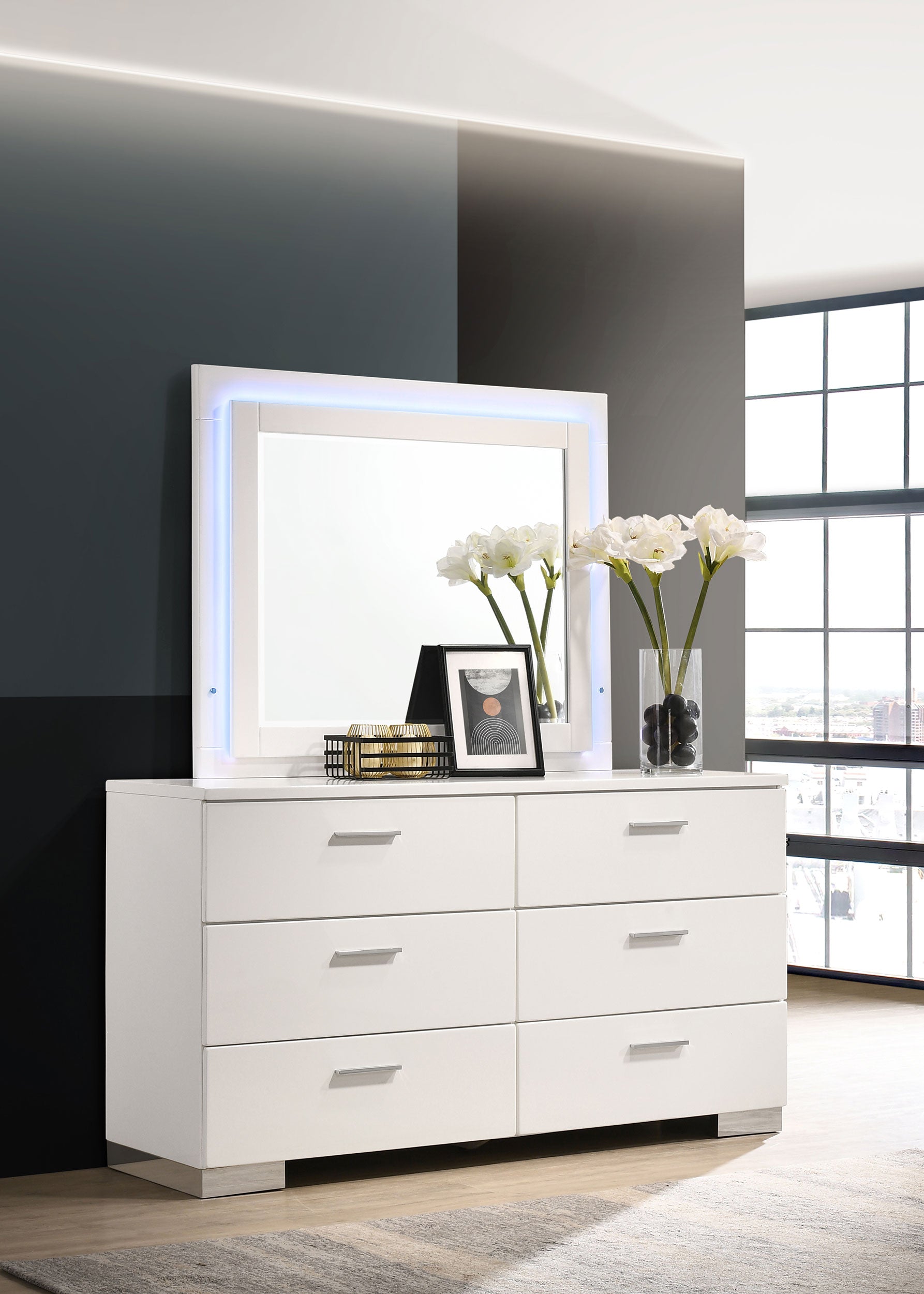 white glossy dresser Felicity 6-drawer Dresser with LED Mirror White High Gloss – Furniture Avenue