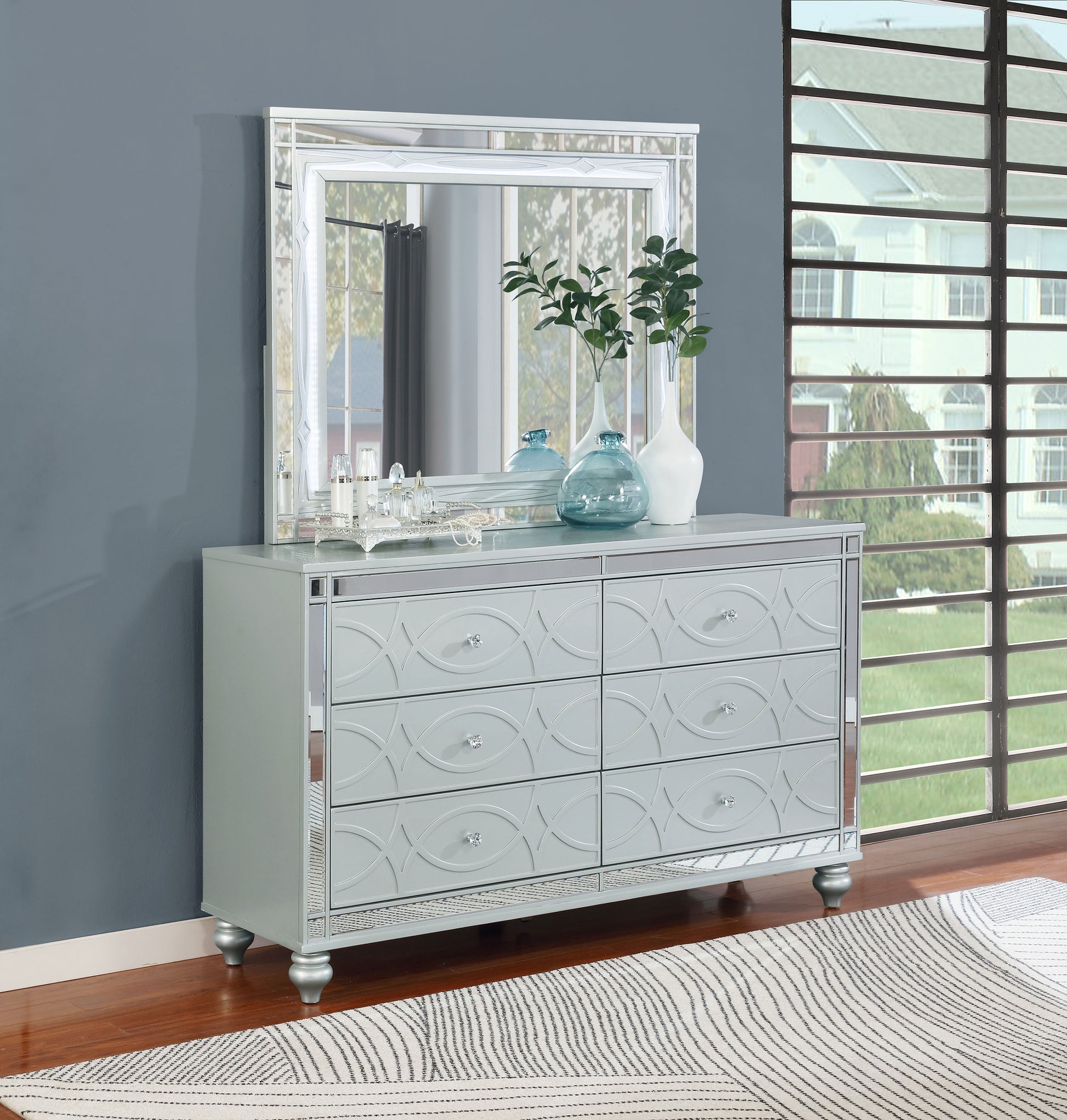 Gunnison 6-drawer Dresser with Mirror Silver Metallic Furniture Avenue Gunnison 6-drawer Dresser with Mirror Silver Metallic Furniture Avenue