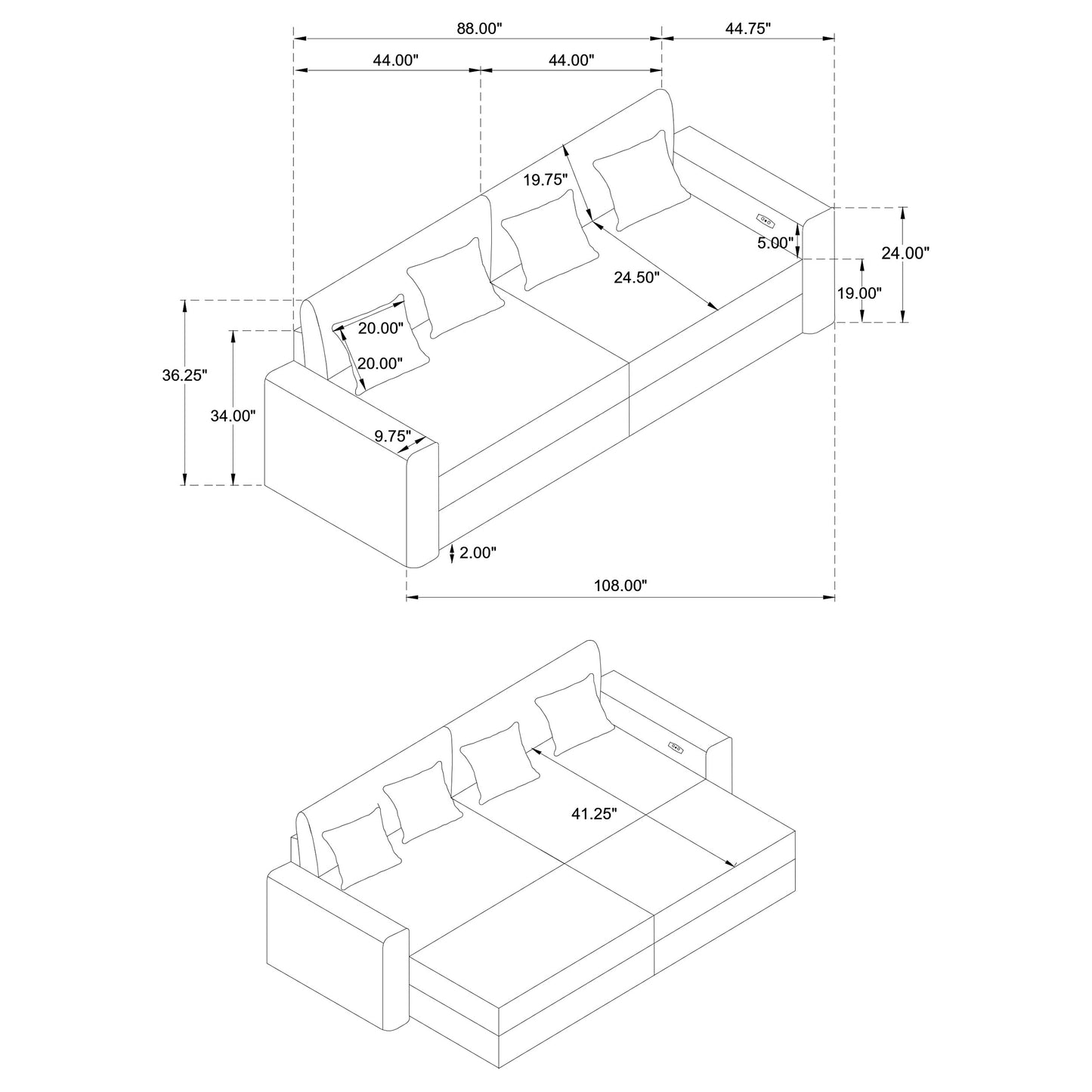 Jacana Corduroy Upholstered Dual Power Chaise Sofa Black
