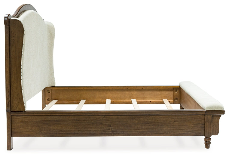 Sturlayne King Upholstered Panel Bed with Mirrored Dresser and Chest