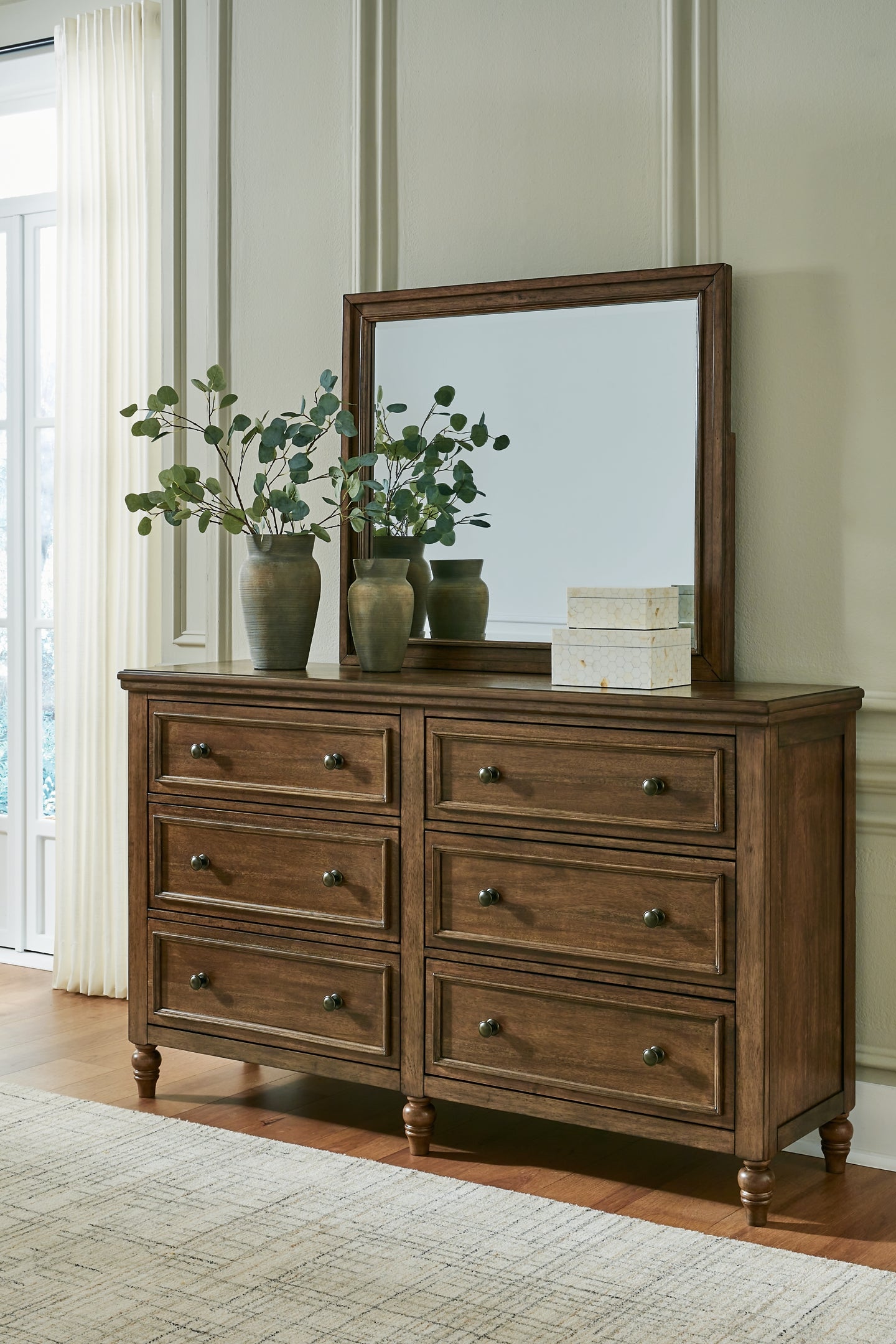 Sturlayne King Upholstered Panel Bed with Mirrored Dresser, Chest and Nightstand