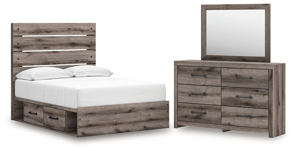 Graystorm Full Panel Bed with Storage with Mirrored Dresser