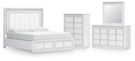 Chalanna California King Upholstered Storage Bed with Mirrored Dresser and Chest