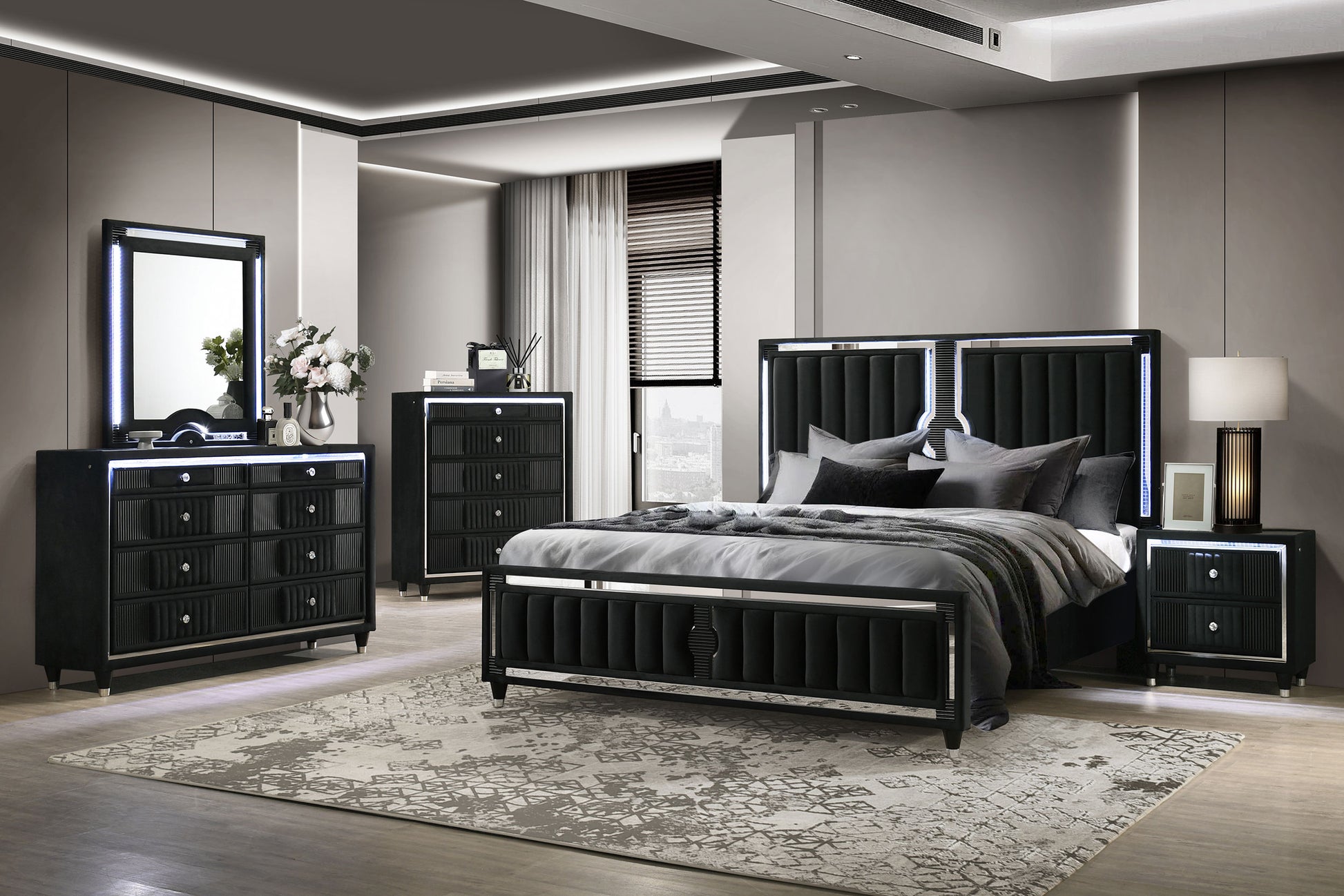black led dresser Lorient 8-Drawer Bedroom Cabinet The 55 inch long wooden top is ideal for displaying decorative items or housing frequently used electronics Ravenne Velvet Upholstered LED Dresser