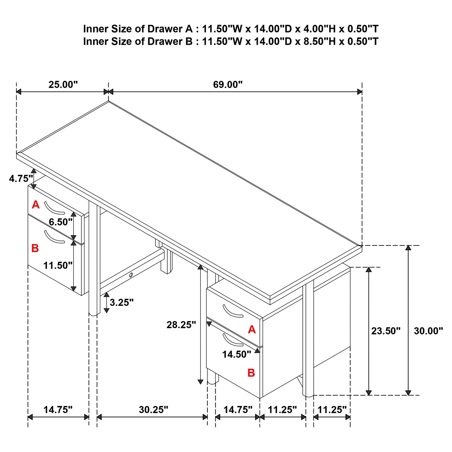 Roldan 69-inch 4-drawer Computer Desk with File Drawer Light Ash