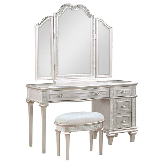 Evangeline 3-piece Vanity Table Set with Tri-Fold Mirror and Stool Silver Oak